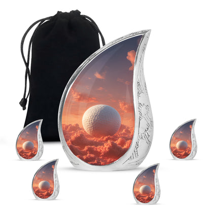 Crimson Red Golf Cremation Urn side profile showing urn shape - flowing teardrop golf silhouette on curved aluminum - memorial set with one large and four small urns