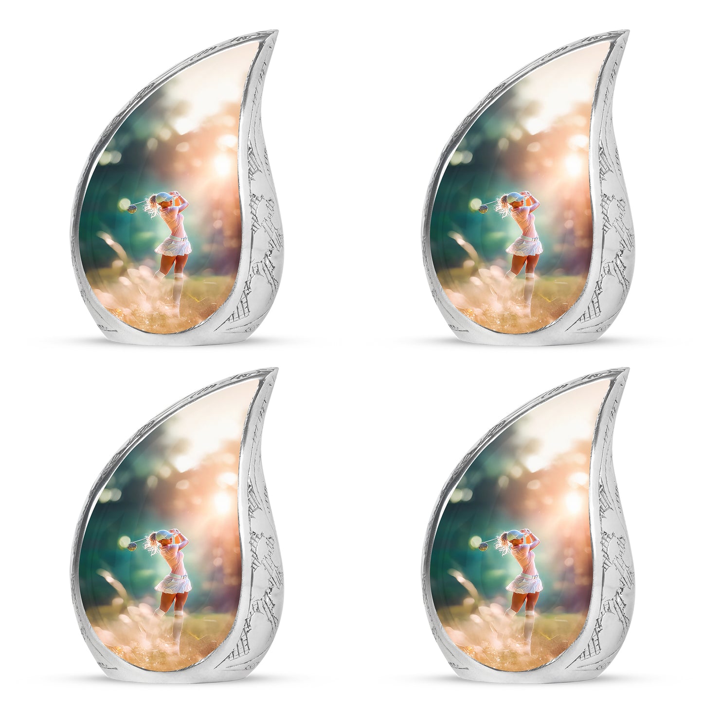 Royal Gold Golf Cremation Urn close-up of engraving and surface detail - graceful tear-shaped urn with golf motif - 10 inch aluminum urn for cremated remains