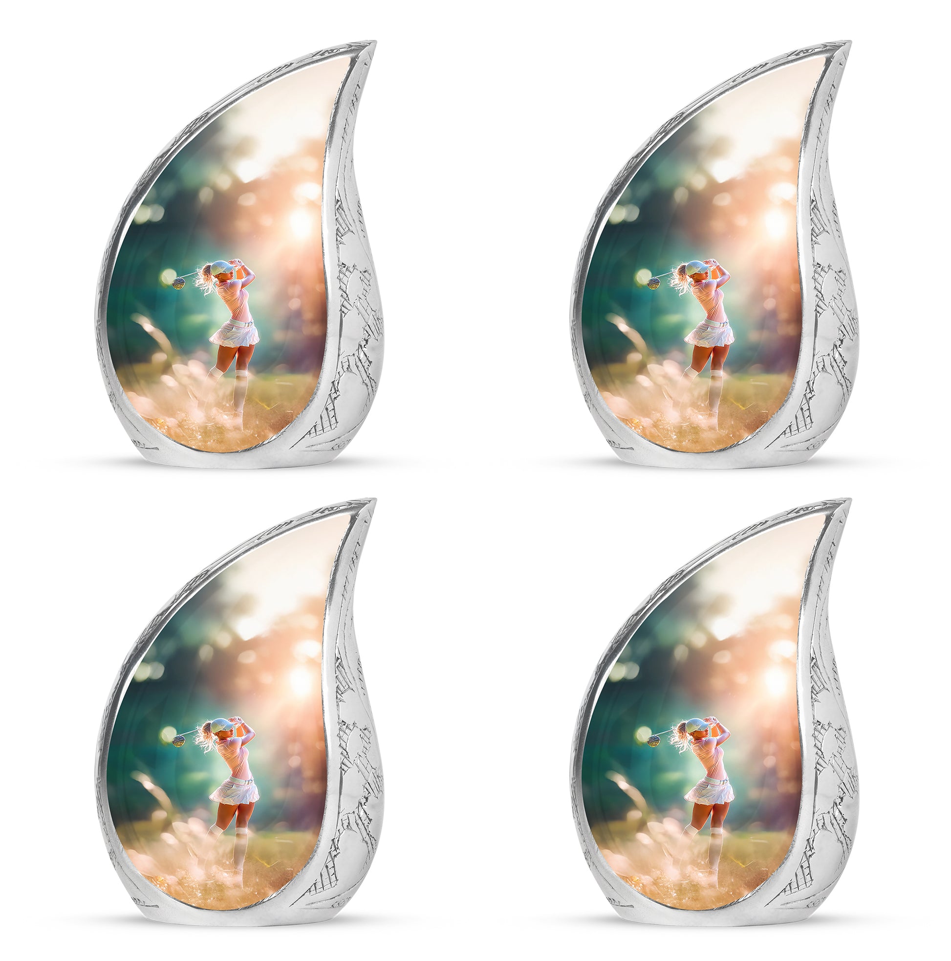 Royal Gold Golf Cremation Urn close-up of engraving and surface detail - graceful tear-shaped urn with golf motif - 10 inch aluminum urn for cremated remains