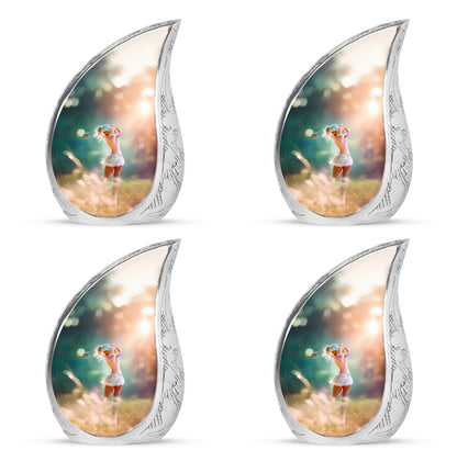 Royal Gold Golf Cremation Urn close-up of engraving and surface detail - graceful tear-shaped urn with golf motif - 10 inch aluminum urn for cremated remains