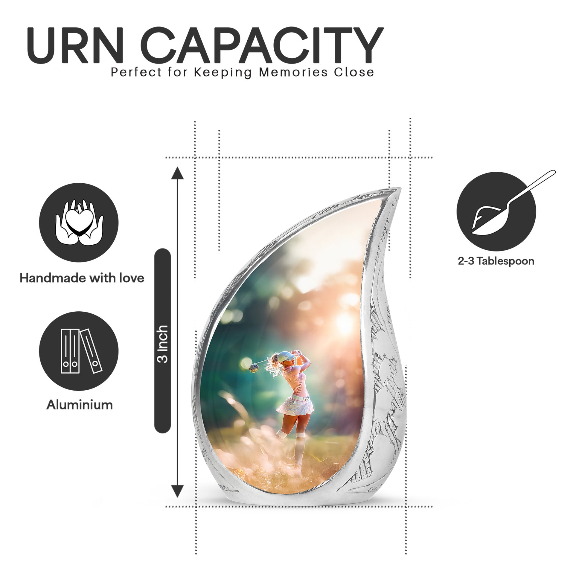 Harvest Gold Golf Cremation Urn angled view of lid and engraved motif - smooth teardrop contour featuring golf art - mini keepsake memorial for portion of cremation ashes