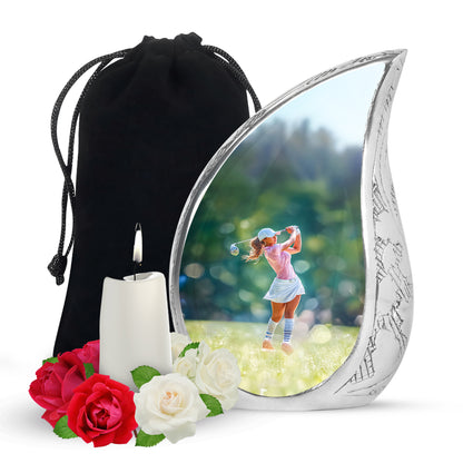 Mint Green Golf Cremation Urn front view showing detailed design - graceful tear-shaped urn with golf motif - full-size 10 inch 200 cubic inch adult cremation urn