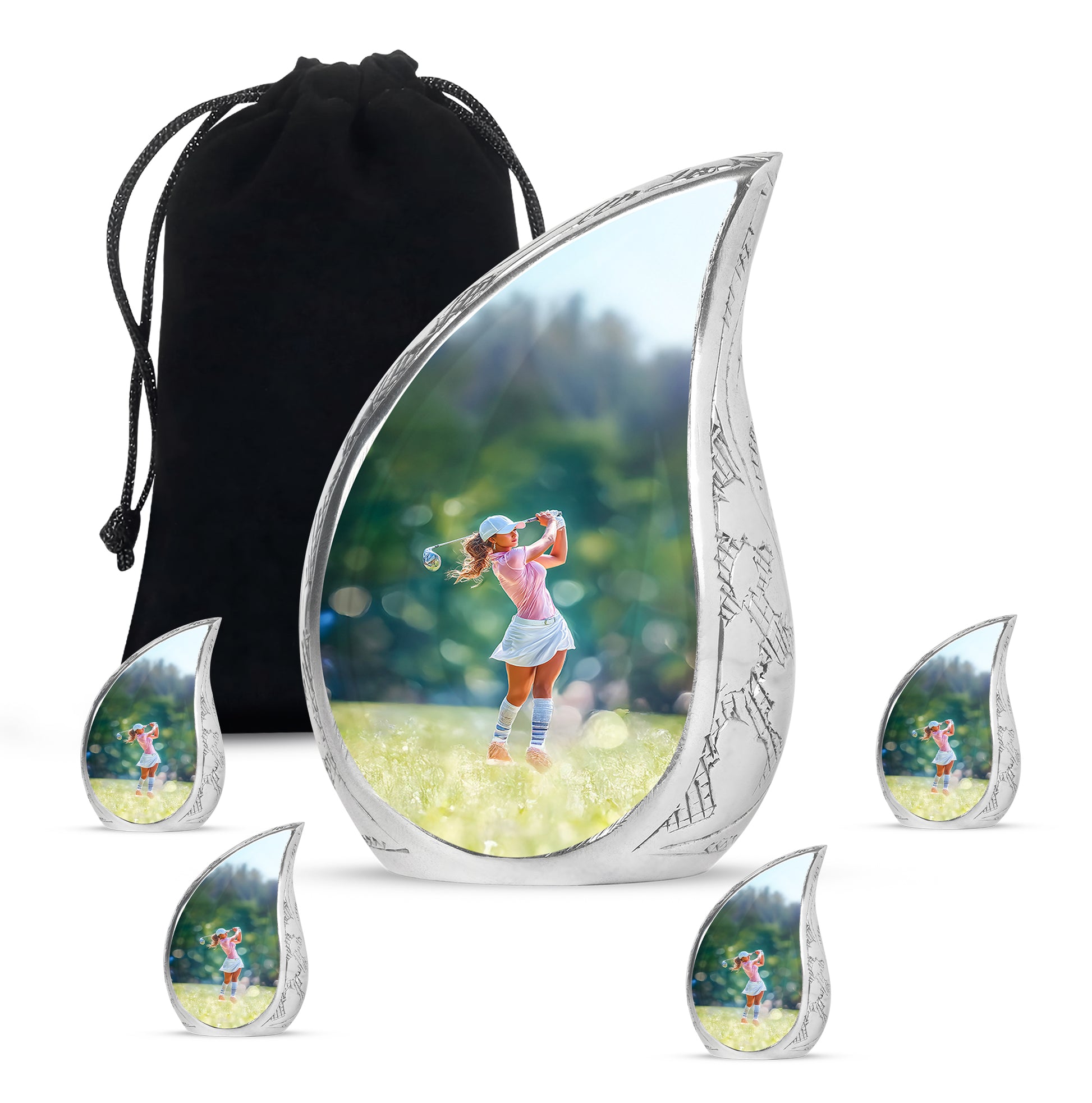 Emerald Green Golf Cremation Urn side profile showing urn shape - flowing teardrop golf silhouette on curved aluminum - memorial set with one large and four small urns