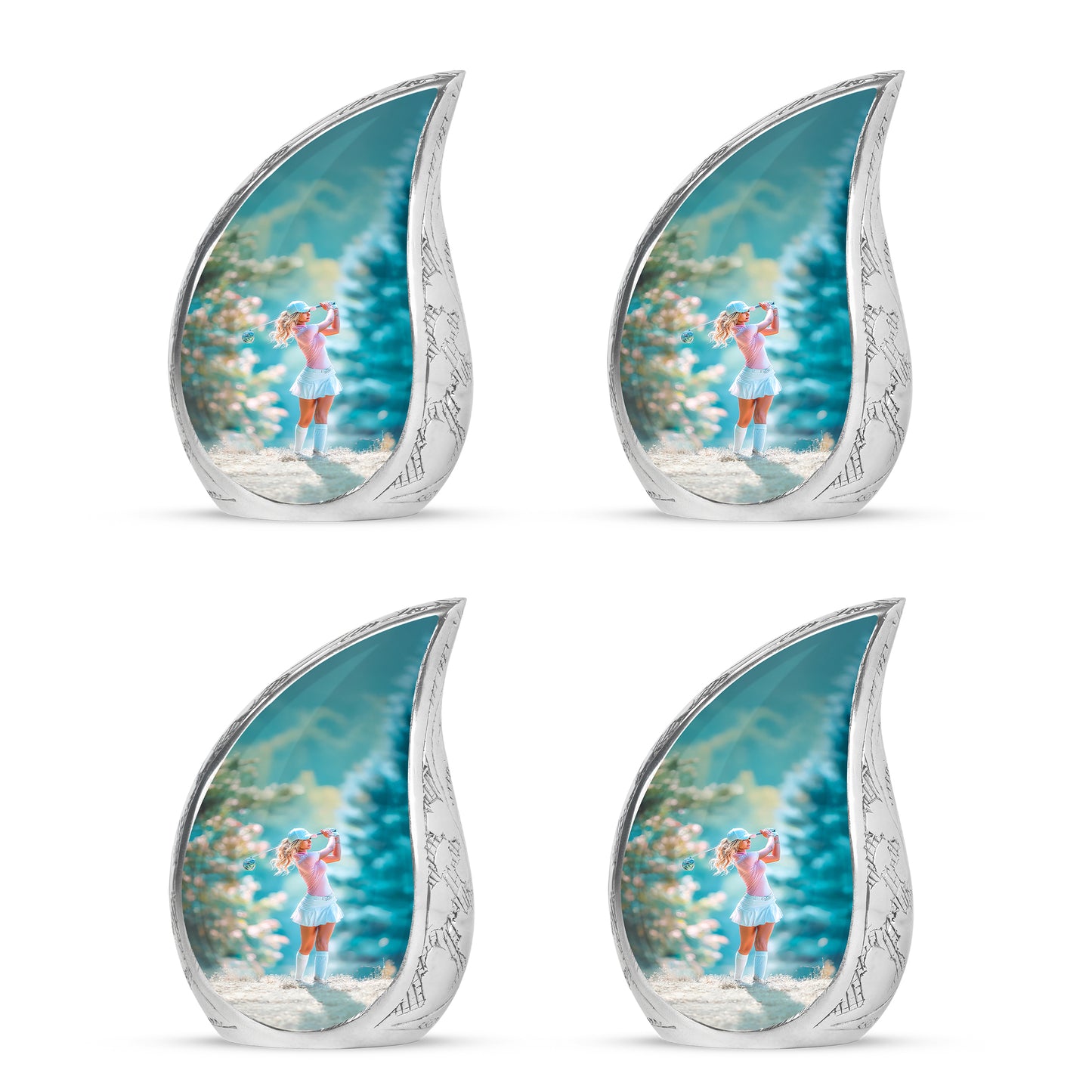 Antique Silver Golf Cremation Urn close-up of engraving and surface detail - smooth teardrop contour featuring golf art - 10 inch aluminum urn for cremated remains