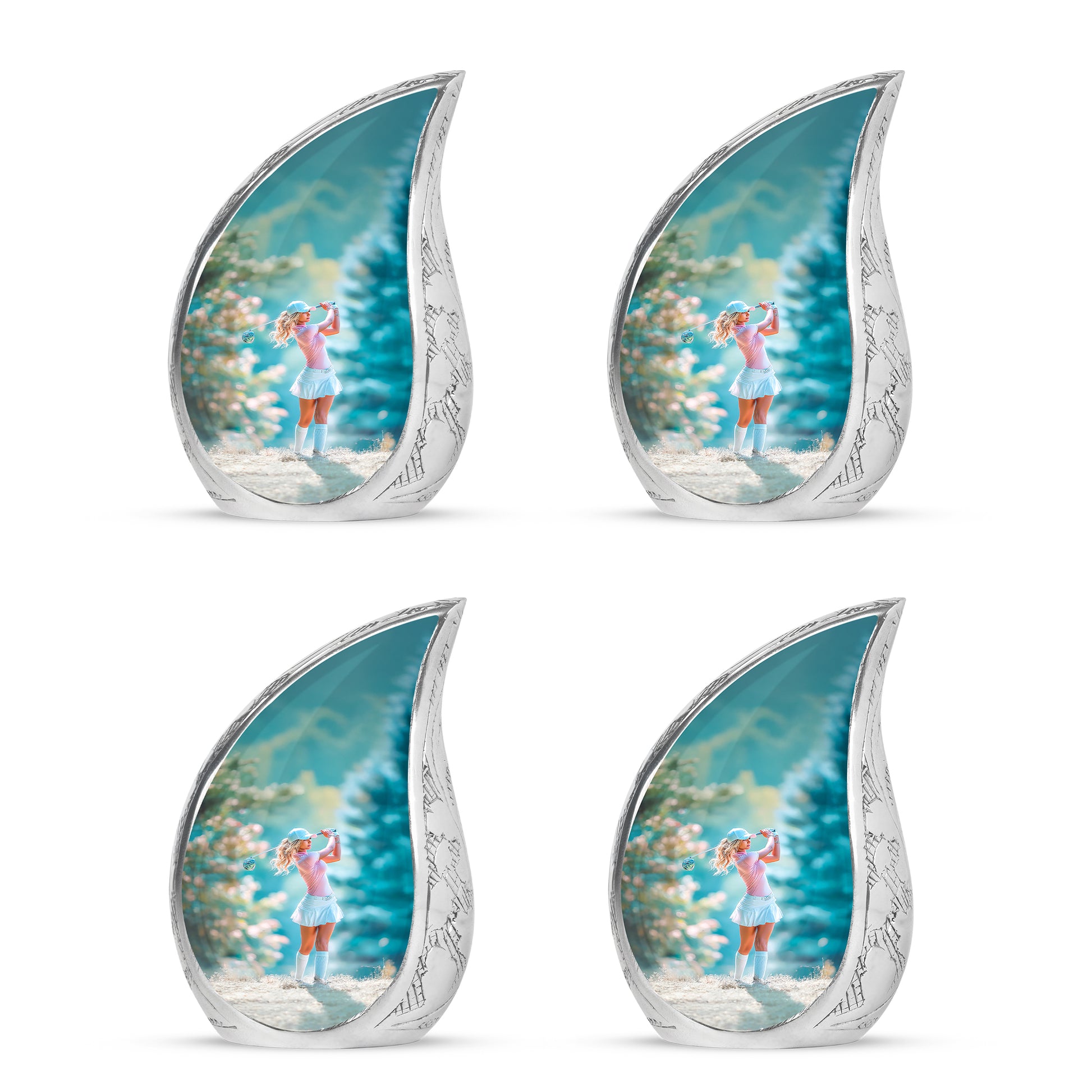 Antique Silver Golf Cremation Urn close-up of engraving and surface detail - smooth teardrop contour featuring golf art - 10 inch aluminum urn for cremated remains