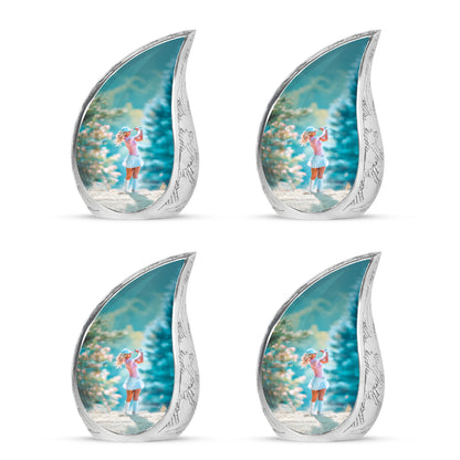 Antique Silver Golf Cremation Urn close-up of engraving and surface detail - smooth teardrop contour featuring golf art - 10 inch aluminum urn for cremated remains