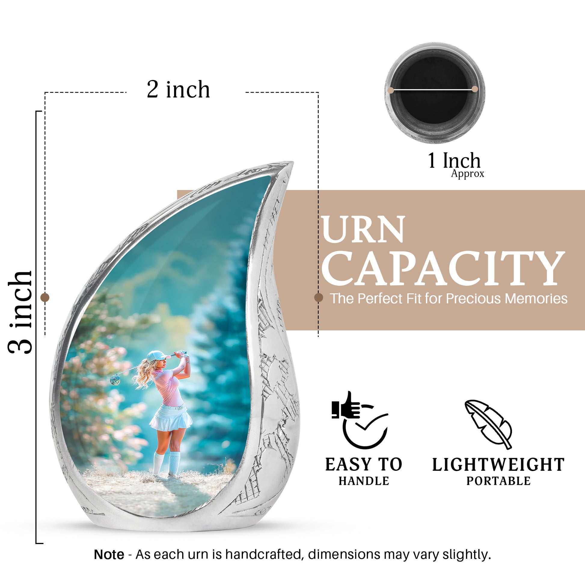 Platinum Silver Golf Cremation Urn angled view of lid and engraved motif - flowing teardrop golf silhouette on curved aluminum - mini keepsake memorial for portion of cremation ashes
