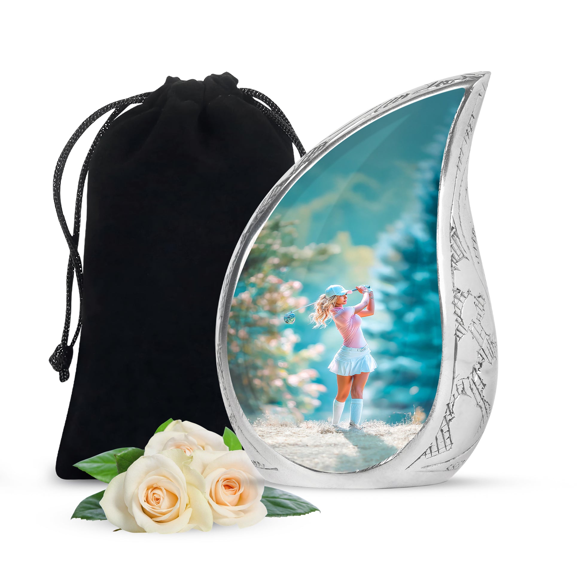 Platinum Silver Golf Cremation Urn front view showing detailed design - rounded teardrop golf design with delicate detail - full-size 10 inch 200 cubic inch adult cremation urn