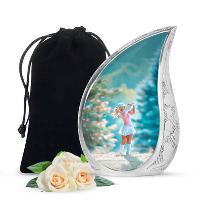 Platinum Silver Golf Cremation Urn front view showing detailed design - rounded teardrop golf design with delicate detail - full-size 10 inch 200 cubic inch adult cremation urn