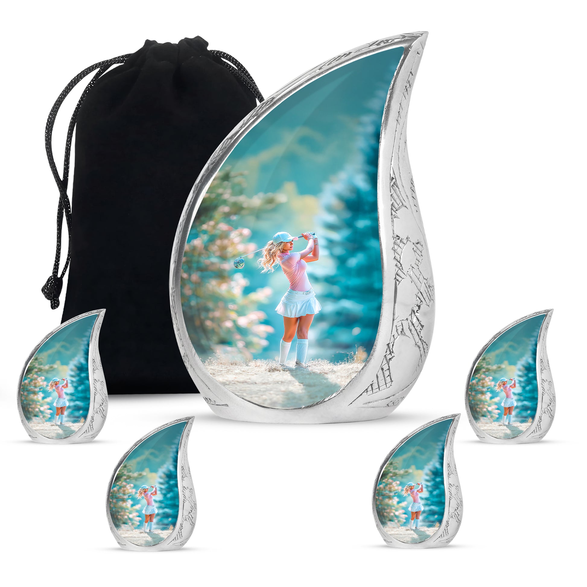 Polished Silver Golf Cremation Urn side profile showing urn shape - graceful tear-shaped urn with golf motif - memorial set with one large and four small urns