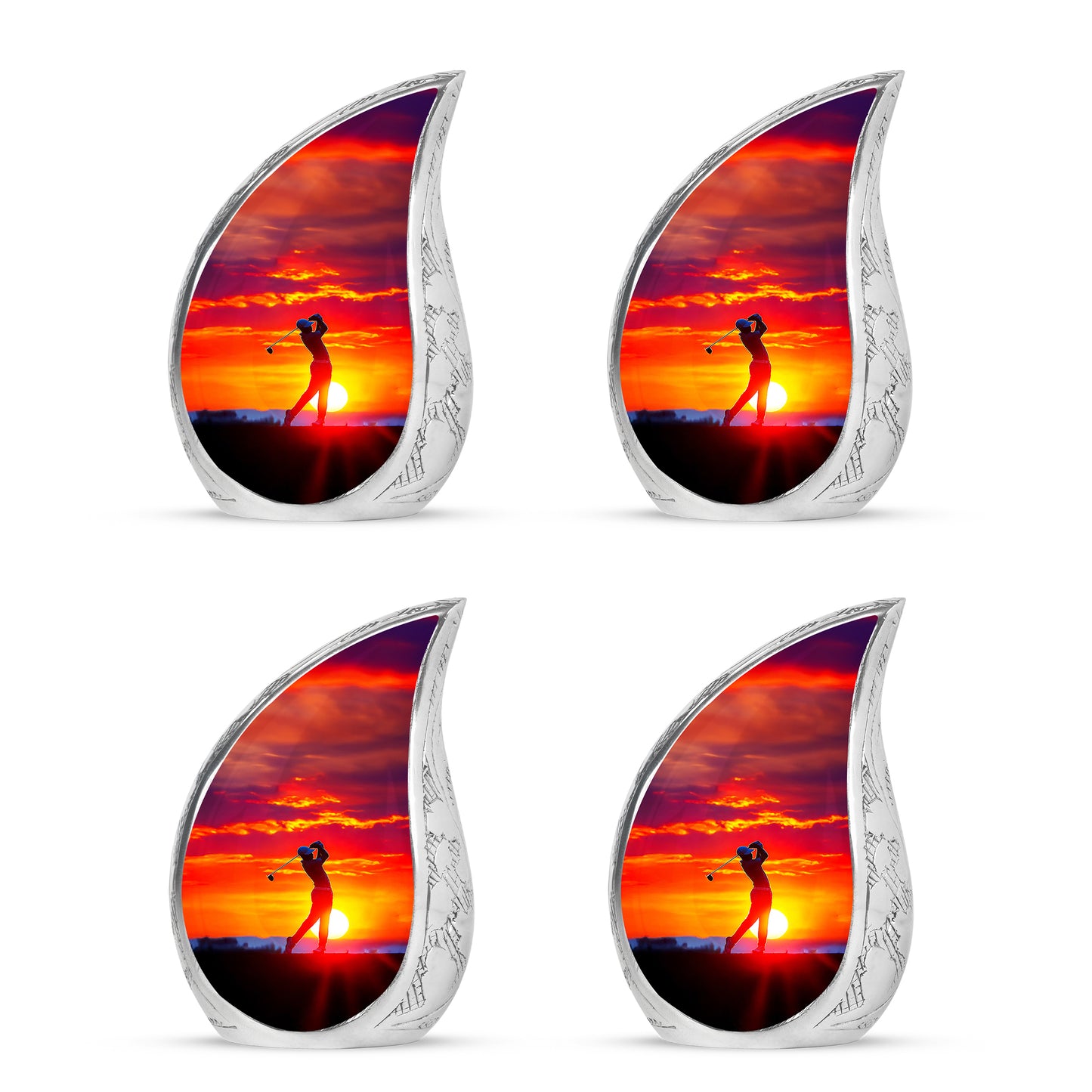 Deep Red Golf Cremation Urn close-up of engraving and surface detail - flowing teardrop golf silhouette on curved aluminum - 10 inch aluminum urn for cremated remains