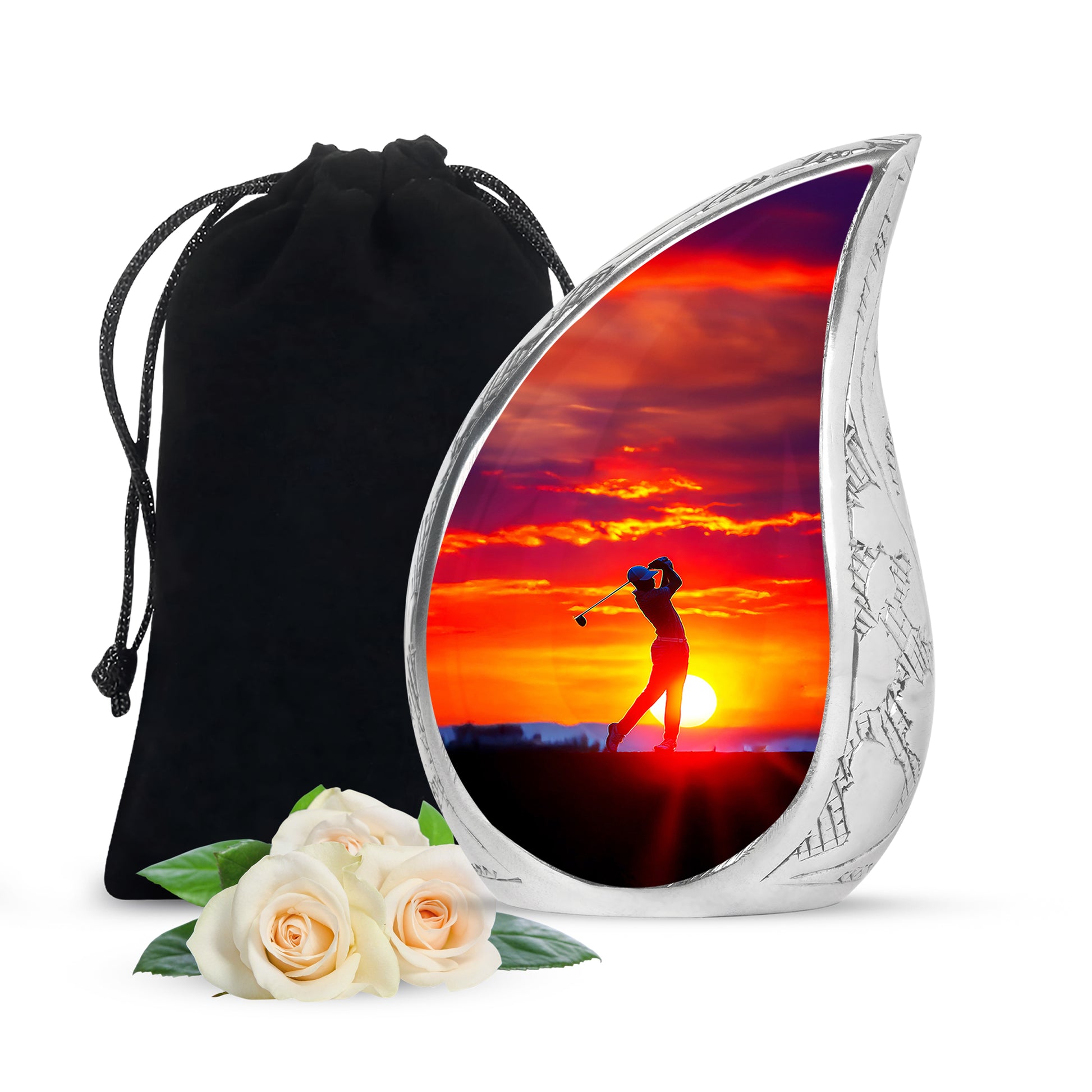 Garnet Red Golf Cremation Urn front view showing detailed design - flowing teardrop golf silhouette on curved aluminum - full-size 10 inch 200 cubic inch adult cremation urn
