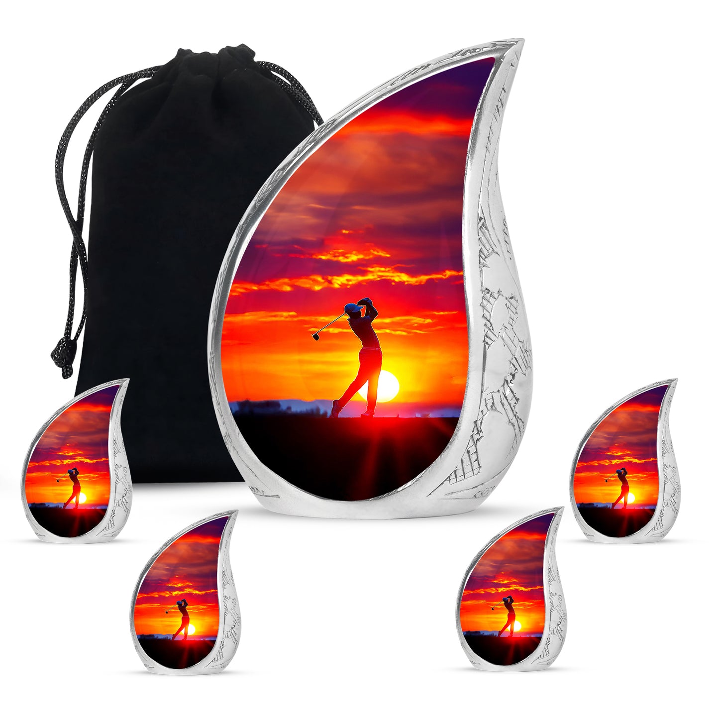 Burgundy Red Golf Cremation Urn side profile showing urn shape - rounded teardrop golf design with delicate detail - memorial set with one large and four small urns