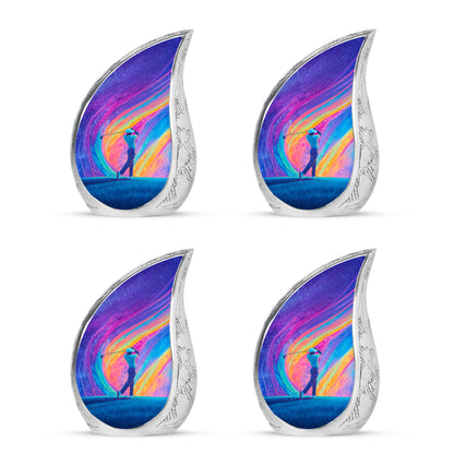 Violet Purple Golf Cremation Urn close-up of engraving and surface detail - graceful tear-shaped urn with golf motif - 10 inch aluminum urn for cremated remains