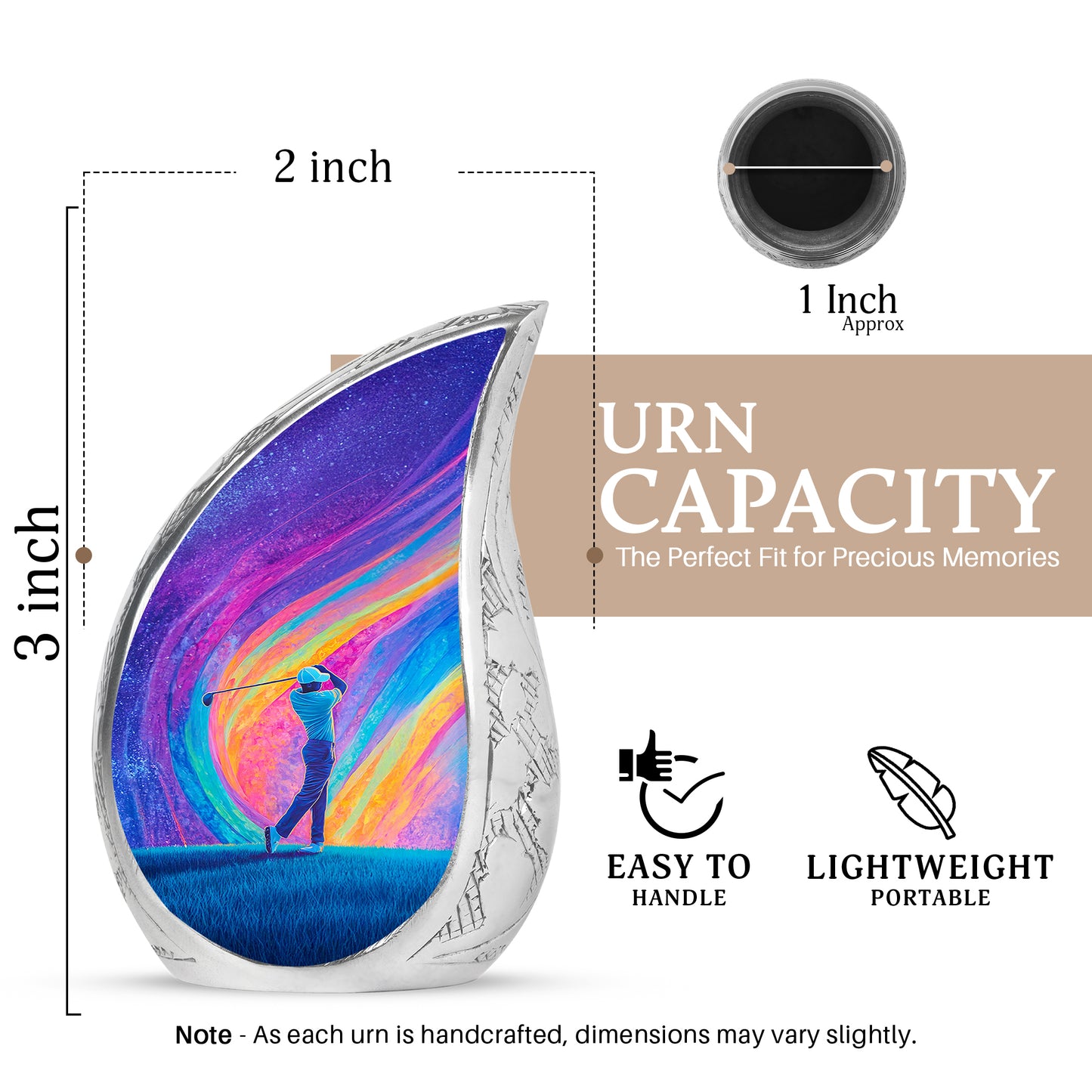 Twilight Purple Golf Cremation Urn angled view of lid and engraved motif - smooth teardrop contour featuring golf art - mini keepsake memorial for portion of cremation ashes