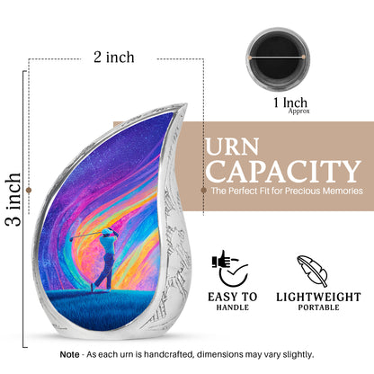 Twilight Purple Golf Cremation Urn angled view of lid and engraved motif - smooth teardrop contour featuring golf art - mini keepsake memorial for portion of cremation ashes