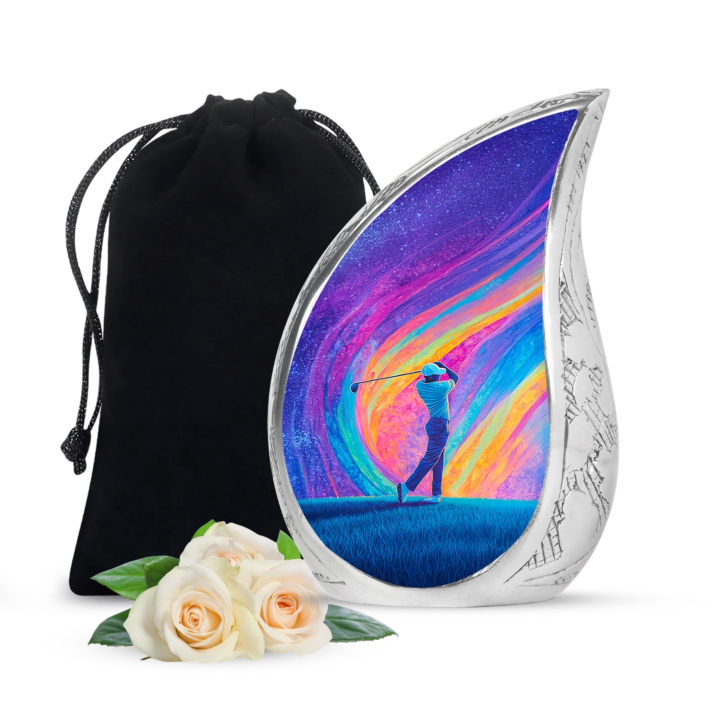Amethyst Purple Golf Cremation Urn front view showing detailed design - flowing teardrop golf silhouette on curved aluminum - full-size 10 inch 200 cubic inch adult cremation urn