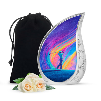 Amethyst Purple Golf Cremation Urn front view showing detailed design - flowing teardrop golf silhouette on curved aluminum - full-size 10 inch 200 cubic inch adult cremation urn
