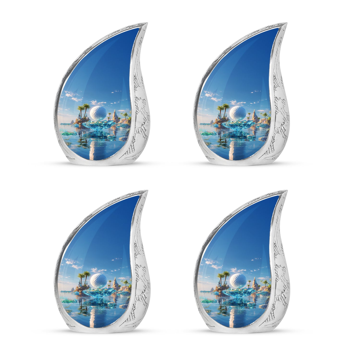 Serene Blue Golf Cremation Urn close-up of engraving and surface detail - graceful tear-shaped urn with golf motif - 10 inch aluminum urn for cremated remains