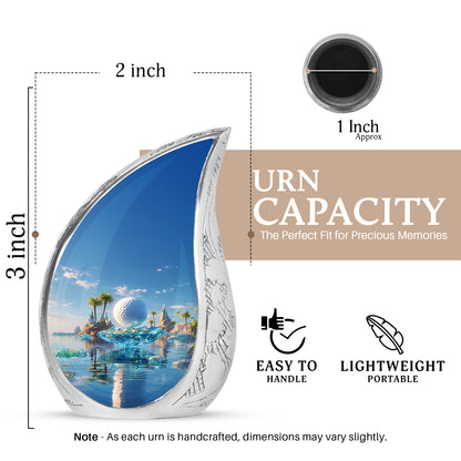 Powder Blue Golf Cremation Urn angled view of lid and engraved motif - rounded teardrop golf design with delicate detail - mini keepsake memorial for portion of cremation ashes