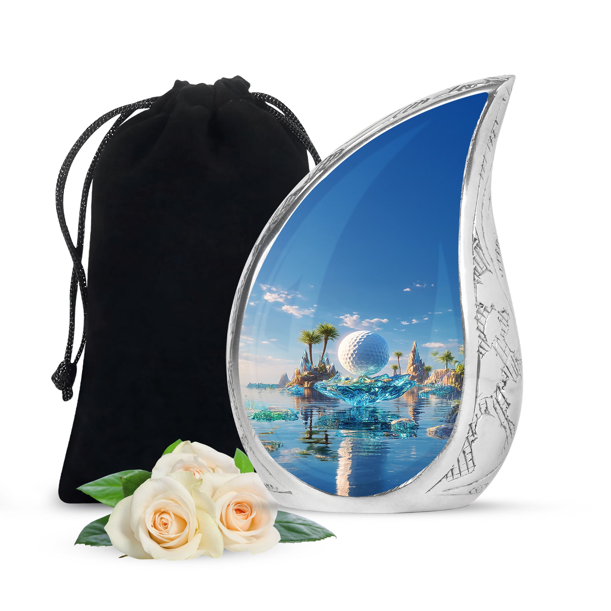 Navy Blue Golf Cremation Urn front view showing detailed design - flowing teardrop golf silhouette on curved aluminum - full-size 10 inch 200 cubic inch adult cremation urn