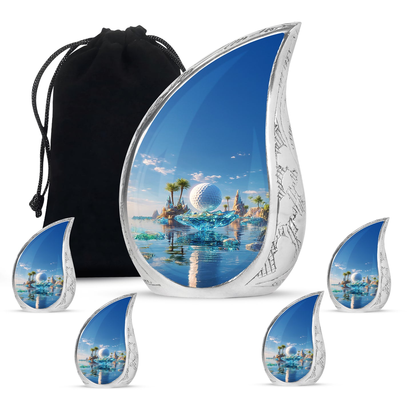 Cobalt Blue Golf Cremation Urn side profile showing urn shape - graceful tear-shaped urn with golf motif - memorial set with one large and four small urns