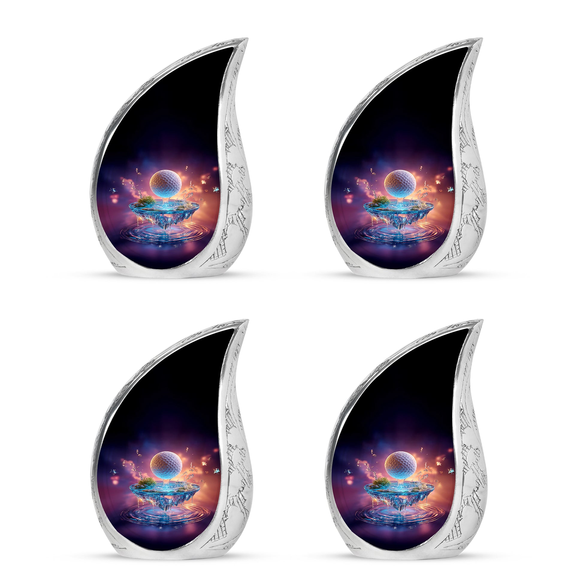 Twilight Purple Golf Cremation Urn close-up of engraving and surface detail - smooth teardrop contour featuring golf art - 10 inch aluminum urn for cremated remains