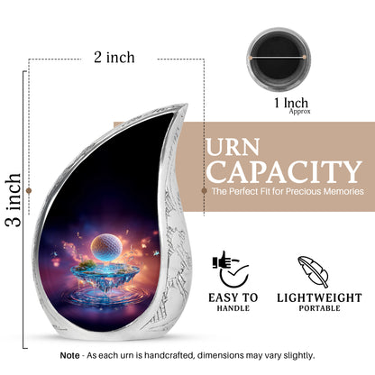 Majestic Purple Golf Cremation Urn angled view of lid and engraved motif - rounded teardrop golf design with delicate detail - mini keepsake memorial for portion of cremation ashes