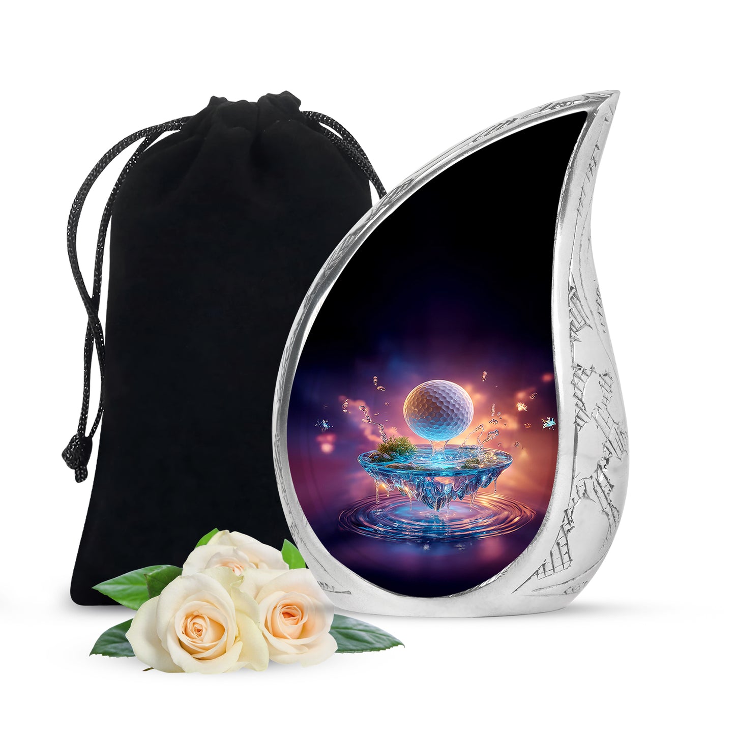 Majestic Purple Golf Cremation Urn front view showing detailed design - rounded teardrop golf design with delicate detail - full-size 10 inch 200 cubic inch adult cremation urn