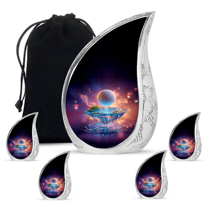 Deep Purple Golf Cremation Urn side profile showing urn shape - flowing teardrop golf silhouette on curved aluminum - memorial set with one large and four small urns