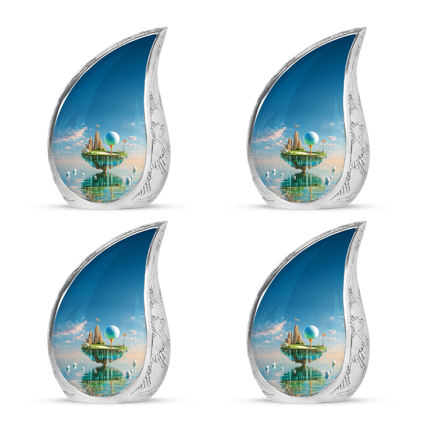Celestial Blue Golf Cremation Urn close-up of engraving and surface detail - flowing teardrop golf silhouette on curved aluminum - 10 inch aluminum urn for cremated remains