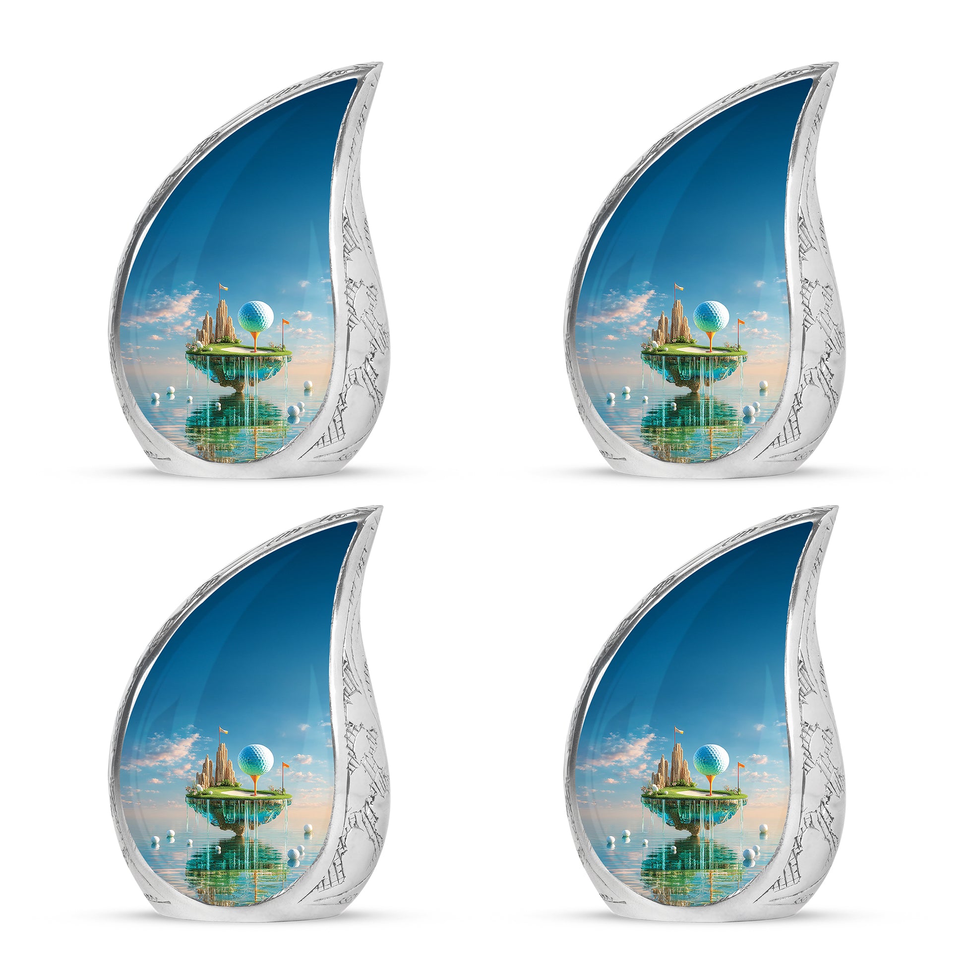 Celestial Blue Golf Cremation Urn close-up of engraving and surface detail - flowing teardrop golf silhouette on curved aluminum - 10 inch aluminum urn for cremated remains