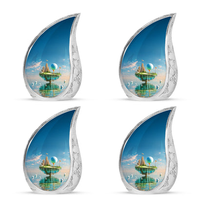 Celestial Blue Golf Cremation Urn close-up of engraving and surface detail - flowing teardrop golf silhouette on curved aluminum - 10 inch aluminum urn for cremated remains