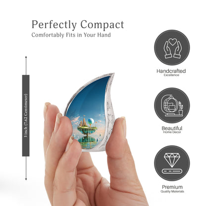 Azure Golf Cremation Urn angled view of lid and engraved motif - flowing teardrop golf silhouette on curved aluminum - mini keepsake memorial for portion of cremation ashes