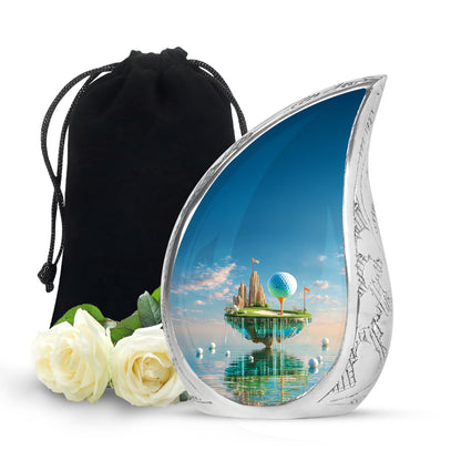 Steel Blue Golf Cremation Urn front view showing detailed design - graceful tear-shaped urn with golf motif - full-size 10 inch 200 cubic inch adult cremation urn