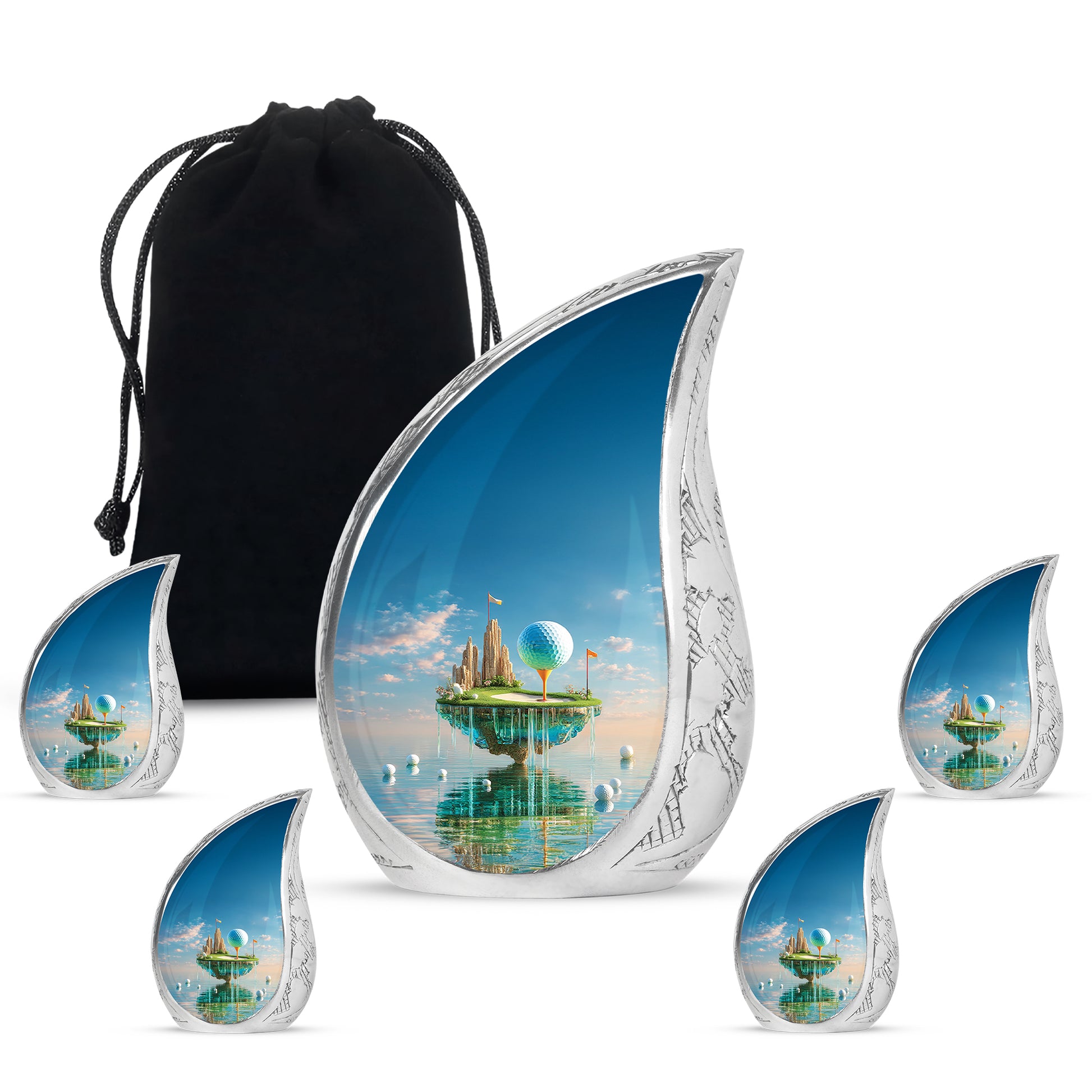 Dusty Blue Golf Cremation Urn side profile showing urn shape - flowing teardrop golf silhouette on curved aluminum - memorial set with one large and four small urns