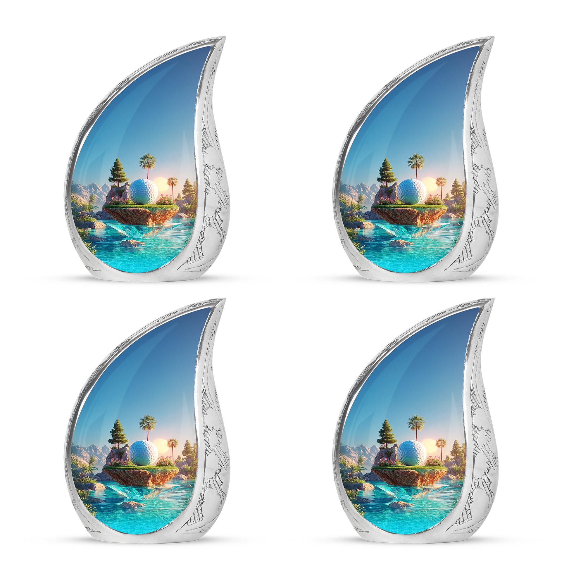 Celestial Blue Golf Cremation Urn close-up of engraving and surface detail - rounded teardrop golf design with delicate detail - 10 inch aluminum urn for cremated remains
