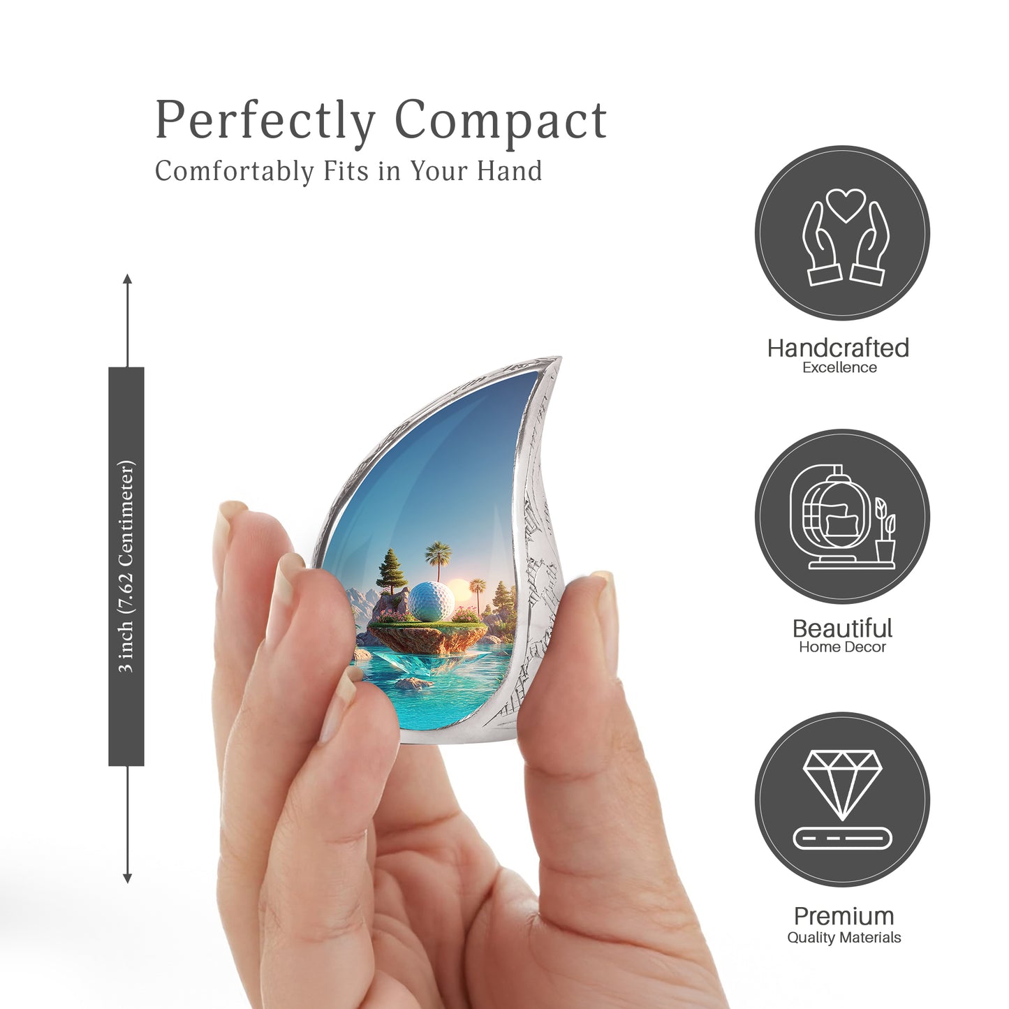 Calming Blue Golf Cremation Urn angled view of lid and engraved motif - smooth teardrop contour featuring golf art - mini keepsake memorial for portion of cremation ashes