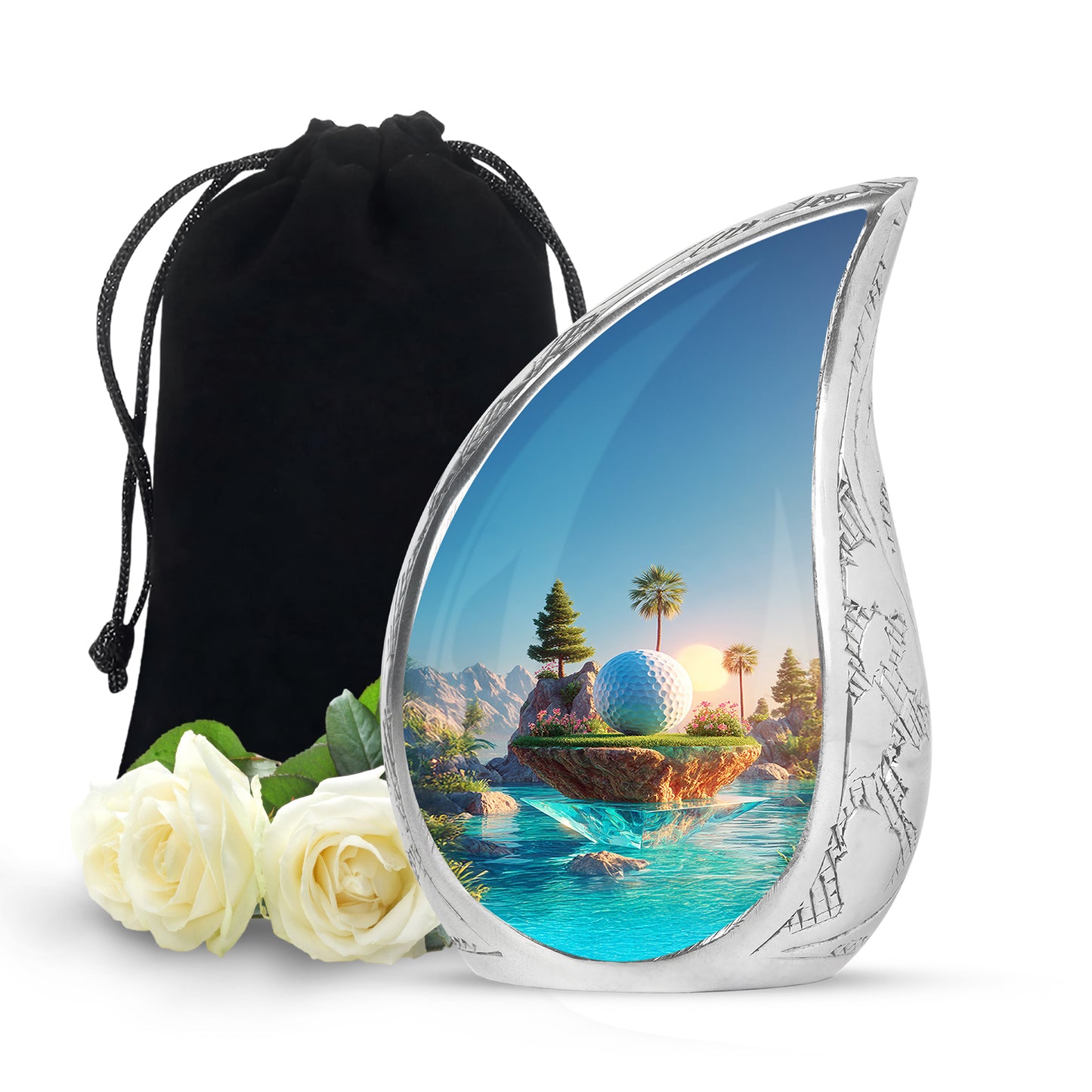 Soft Blue Golf Cremation Urn front view showing detailed design - smooth teardrop contour featuring golf art - full-size 10 inch 200 cubic inch adult cremation urn