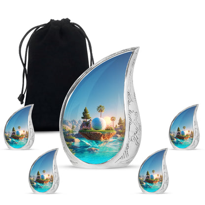 Indigo Golf Cremation Urn side profile showing urn shape - rounded teardrop golf design with delicate detail - memorial set with one large and four small urns
