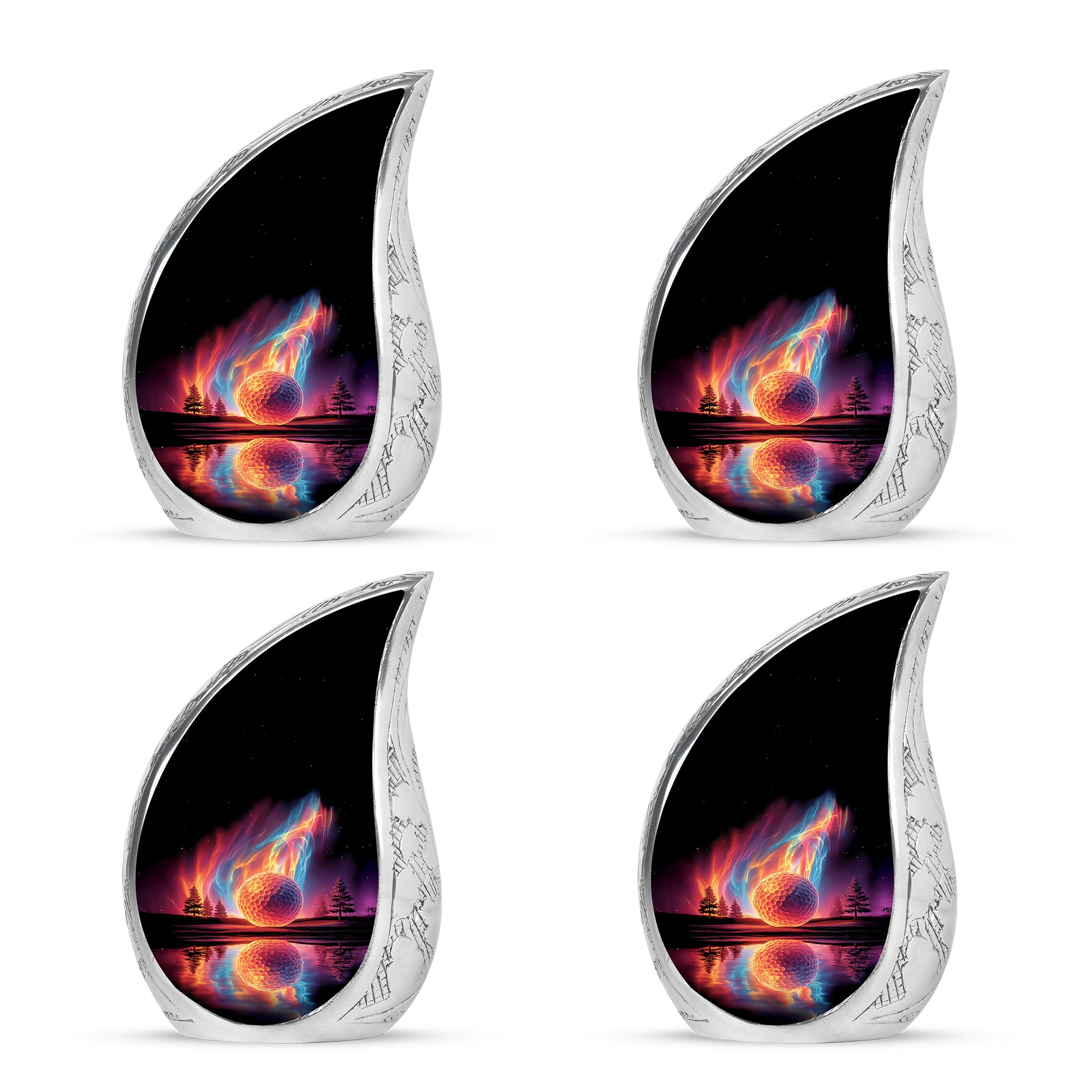 Onyx Black Golf Cremation Urn close-up of engraving and surface detail - graceful tear-shaped urn with golf motif - 10 inch aluminum urn for cremated remains