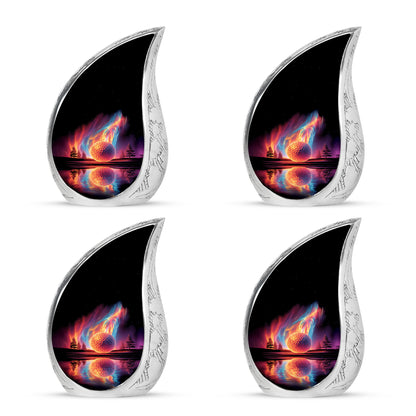 Onyx Black Golf Cremation Urn close-up of engraving and surface detail - graceful tear-shaped urn with golf motif - 10 inch aluminum urn for cremated remains