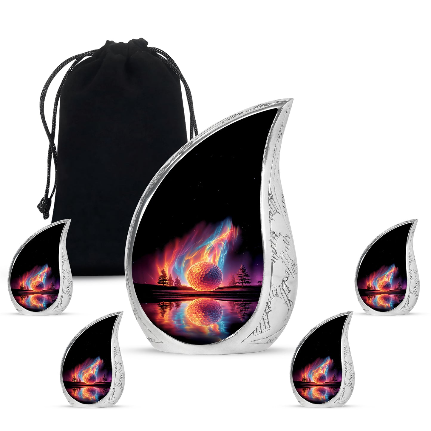 Deep Black Golf Cremation Urn side profile showing urn shape - flowing teardrop golf silhouette on curved aluminum - memorial set with one large and four small urns