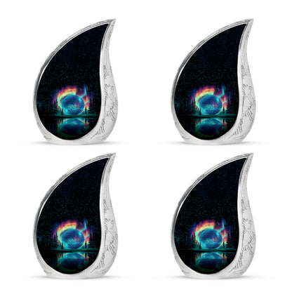 Glossy Black Golf Cremation Urn close-up of engraving and surface detail - flowing teardrop golf silhouette on curved aluminum - 10 inch aluminum urn for cremated remains