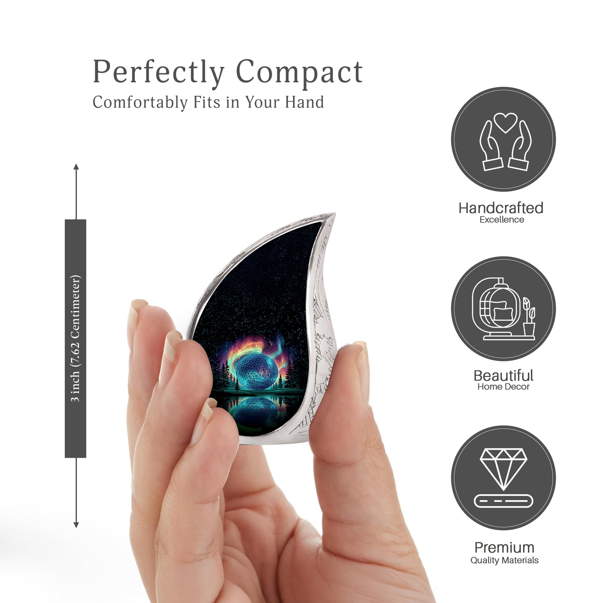 Dark Black Golf Cremation Urn angled view of lid and engraved motif - smooth teardrop contour featuring golf art - mini keepsake memorial for portion of cremation ashes