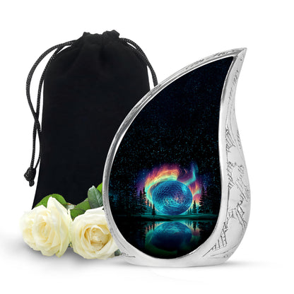 Glossy Black Golf Cremation Urn front view showing detailed design - rounded teardrop golf design with delicate detail - full-size 10 inch 200 cubic inch adult cremation urn
