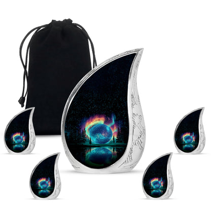 Obsidian Black Golf Cremation Urn side profile showing urn shape - graceful tear-shaped urn with golf motif - memorial set with one large and four small urns