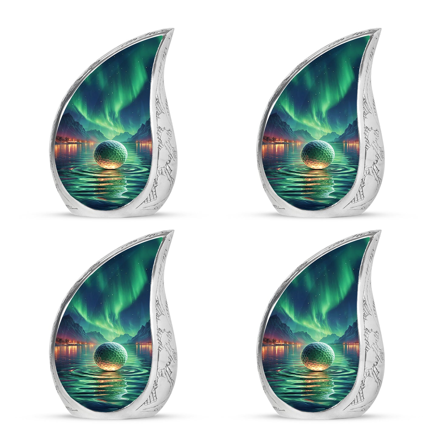 Sea Green Teal Golf Cremation Urn close-up of engraving and surface detail - rounded teardrop golf design with delicate detail - 10 inch aluminum urn for cremated remains