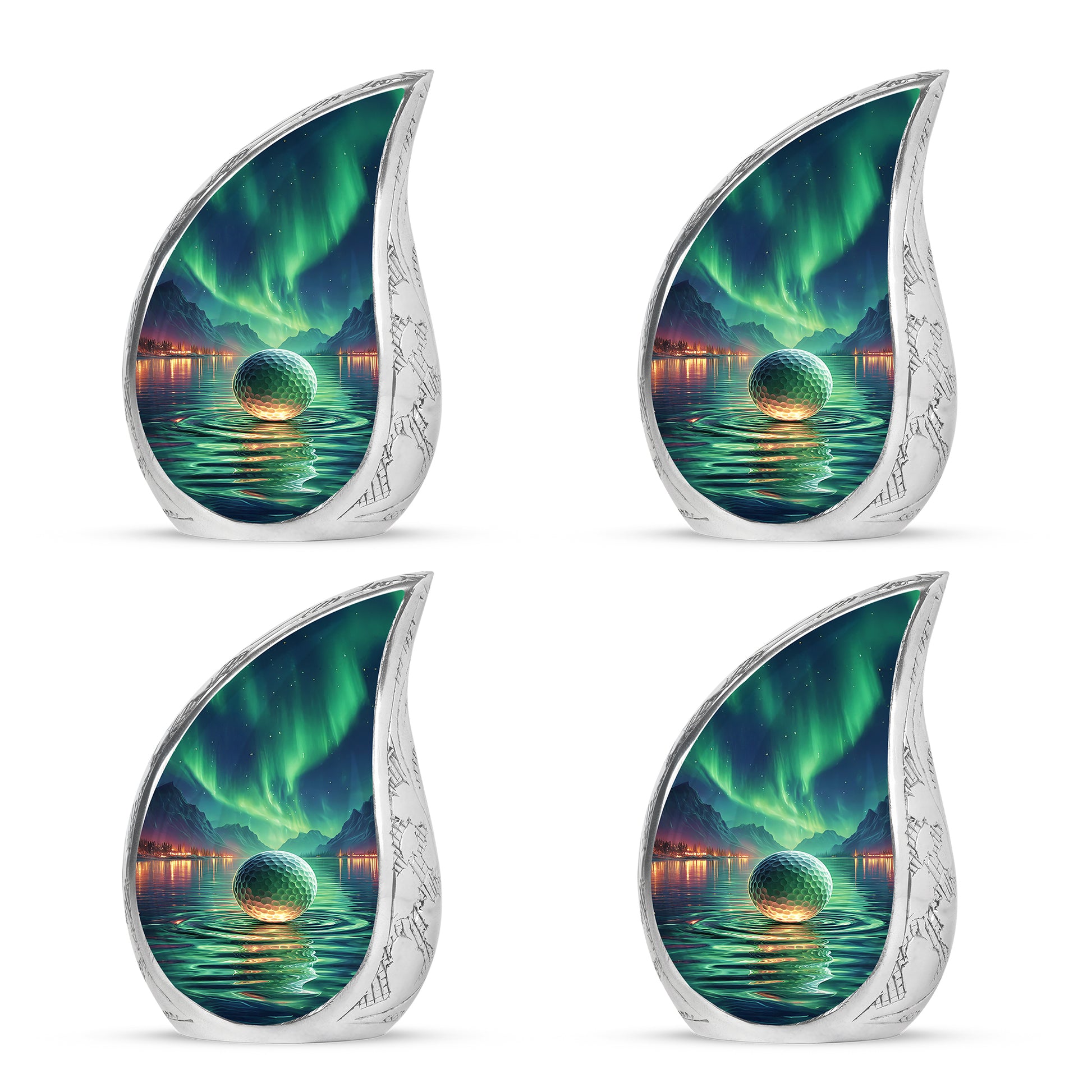 Sea Green Teal Golf Cremation Urn close-up of engraving and surface detail - rounded teardrop golf design with delicate detail - 10 inch aluminum urn for cremated remains