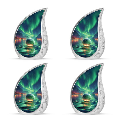 Sea Green Teal Golf Cremation Urn close-up of engraving and surface detail - rounded teardrop golf design with delicate detail - 10 inch aluminum urn for cremated remains